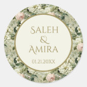 Witte en groene bloemenbruiloft ronde sticker (Voorkant)