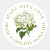 Witte en groene hortensia gemaakt met liefde ronde sticker (Voorkant)
