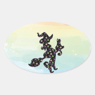 Witte en kat, Halloween Mood Ovale Sticker
