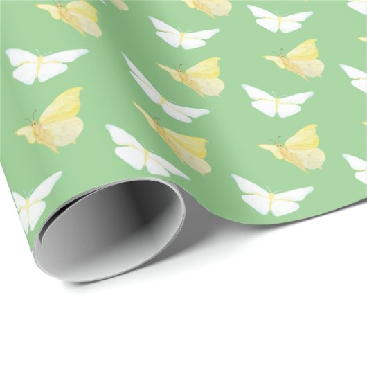 Witte en lichtgele vlinders die groen vliegen cadeaupapier (Rol Hoek)