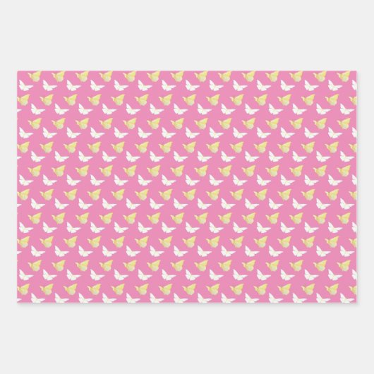 Witte en lichtgele vlinders die roze vliegen inpakpapier vel (Voorkant 2)