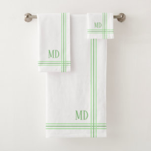 Witte en lichtgroene gestreepte aangepaste Initial Bad Handdoek