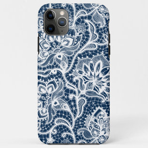 Witte en marineblauwe  bloemkant iPhone 11 pro max hoesje
