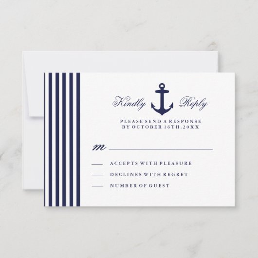 Witte en marineblauwe nautische RSVP-kaart RSVP Kaartje (Voorkant)