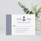 Witte en marineblauwe nautische RSVP-kaart RSVP Kaartje (Staand voorkant)