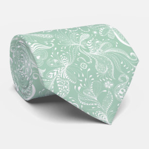 Witte en mint-groene exotische Floral Swirls Stropdas