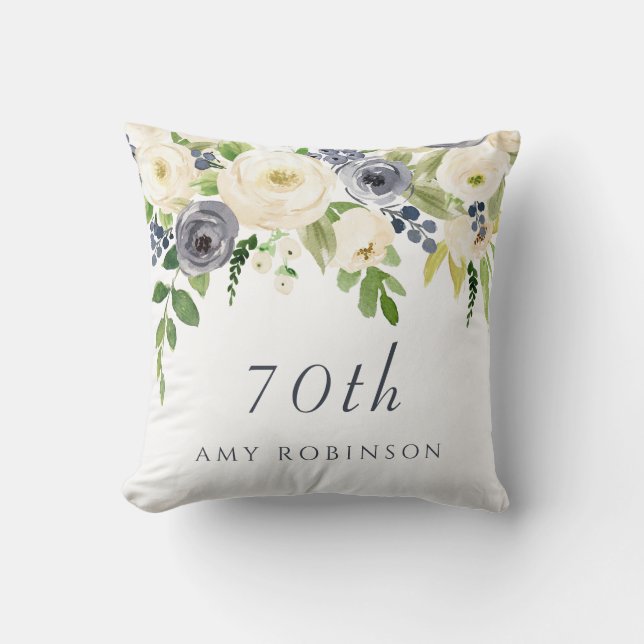 Witte en Navy Flowers Mooie 70e verjaardag Gift Kussen (Voorkant)