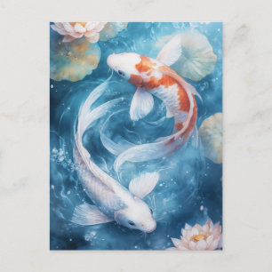 Witte en oranje Koi vissen die rondzwemmen in een  Briefkaart