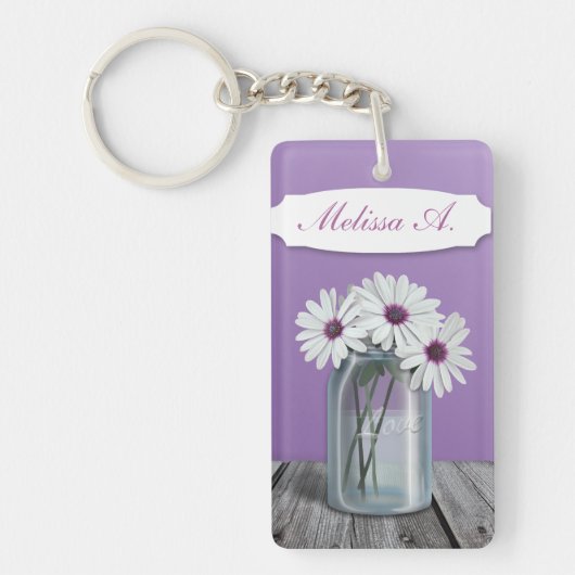Witte en Paarse Daisy Mason Jar Sleutelhanger (Voorkant)