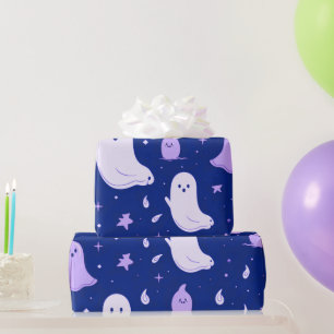 Witte en Paarse Geesten Sterren Blauwe Halloween Cadeaupapier
