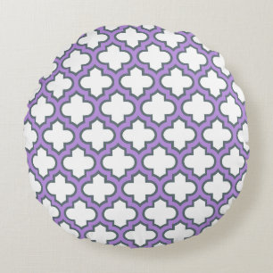 Witte en Paarse trellis, rooster, quatrefoil Rond Kussen