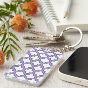 Witte en Paarse trellis, rooster, quatrefoil Sleutelhanger