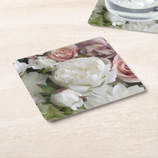  witte en perzik pioen bloemenpapier onderzetters (Schuin)