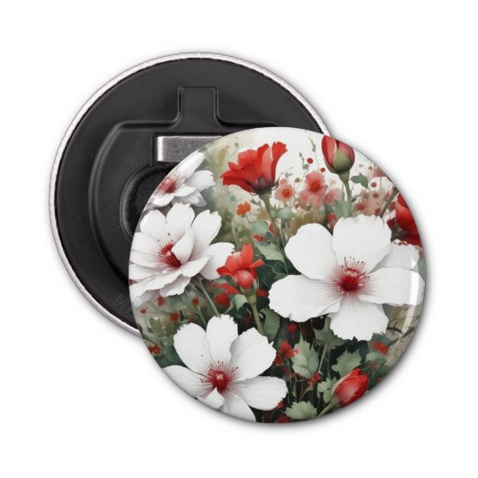 Witte en rode bloemen Elegante Waterverf Button Flesopener (Voorkant)