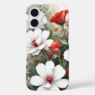Witte en rode bloemen Elegante Waterverf iPhone 16 Hoesje