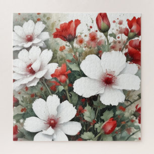 Witte en rode bloemen Elegante Waterverf Legpuzzel