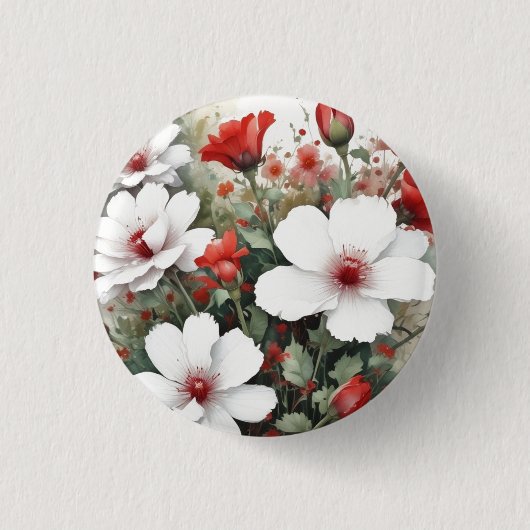 Witte en rode bloemen Elegante Waterverf Ronde Button 3,2 Cm (Voorkant)