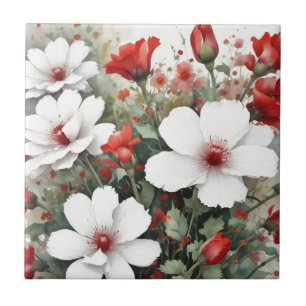 Witte en rode bloemen Elegante Waterverf Tegeltje