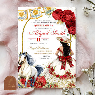 Witte en Rode Roos Charra Quinceanera Uitnodiging