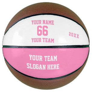 Witte en roze basketbal met naam, nummer, team