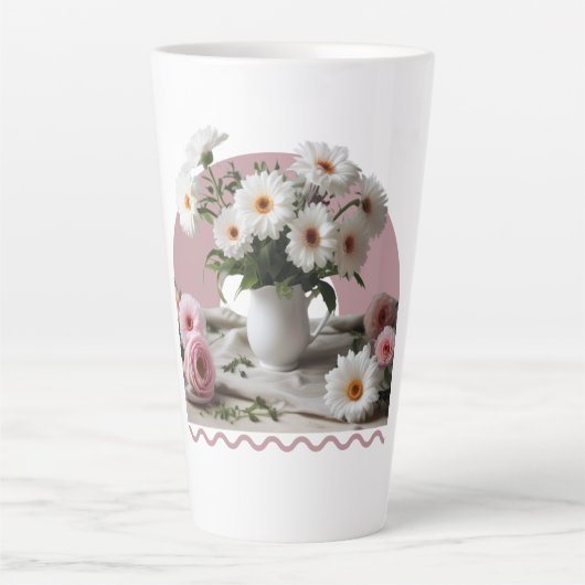 Witte en roze bloemen latte mok (Voorkant)