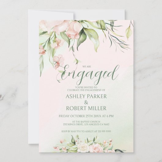 Witte en roze bloemen verloving Uitnodigen Kaart (Voorkant)