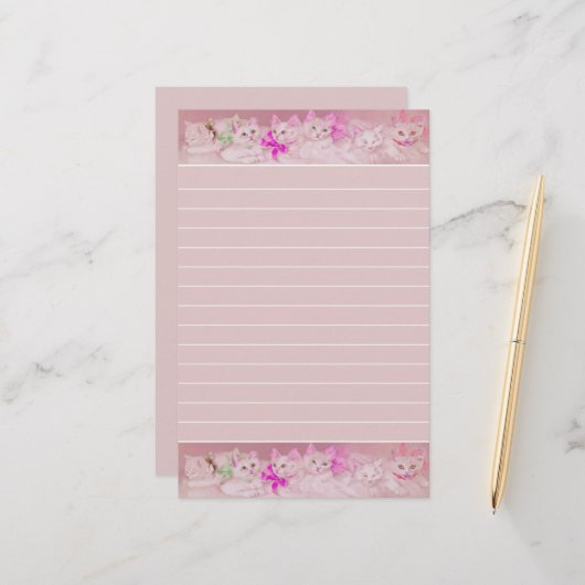 Witte en Roze Kittens Persoonlijk Briefpapier (Voorkant / Achterkant in situ)