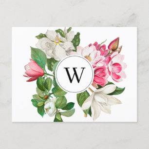 Witte en roze magnoliabloemen Monogram Vintage Feestdagenkaart