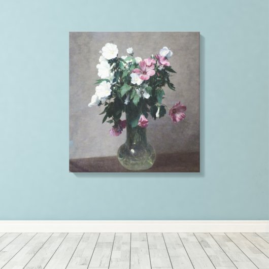  witte en roze mallows in een Vase Canvas Afdruk (Insitu (Houten vloer))