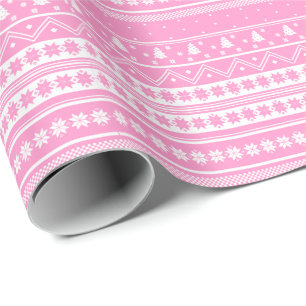 Witte en roze Noordse kerstpatronen Cadeaupapier