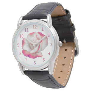 Witte en roze roos - pastel kunst horloge