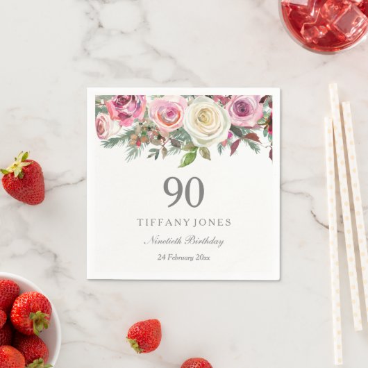 Witte en roze rozen Elegant Custom 90th Birthday Servet (Insitu)