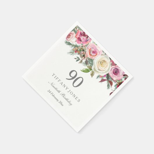 Witte en roze rozen Elegant Custom 90th Birthday Servet (Hoek)