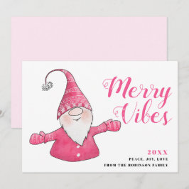 Witte en Roze Schattigee Gnome Merry Vibes Christm Feestdagenkaart