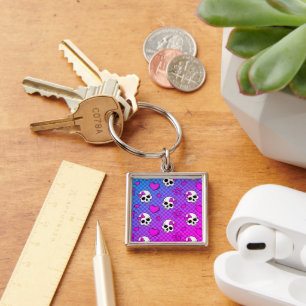 Witte en roze schedel- en hartenpatroon sleutelhanger