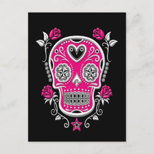 Witte en roze suikerschedel met Rozen op zwart Briefkaart