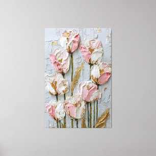 Witte en Roze Tulpen met Gouden Textuur Abstract Canvas Afdruk