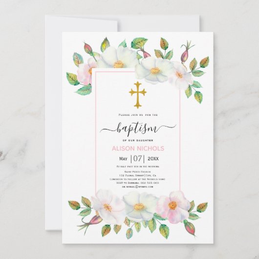 Witte en roze wilde hond roos bloemendoop kaart (Voorkant)