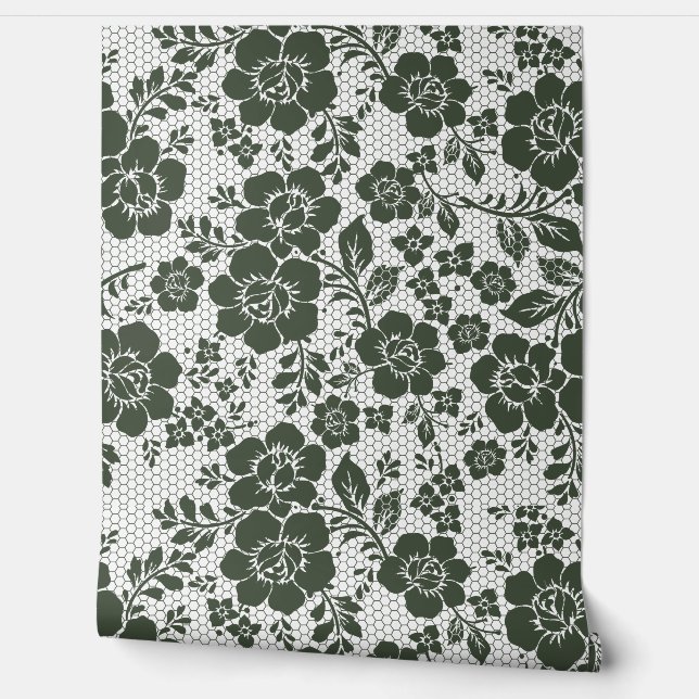 Witte en Salie Groene bloemschil en stok Behang (Afrollen)