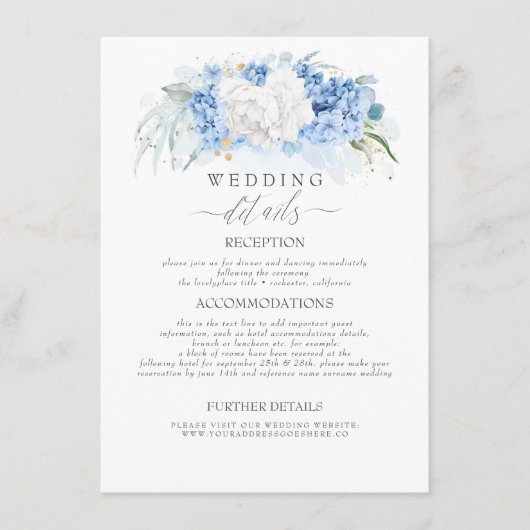 Witte en stoffige blauwe bloemen bruiloft informat informatiekaartje (Voorkant)