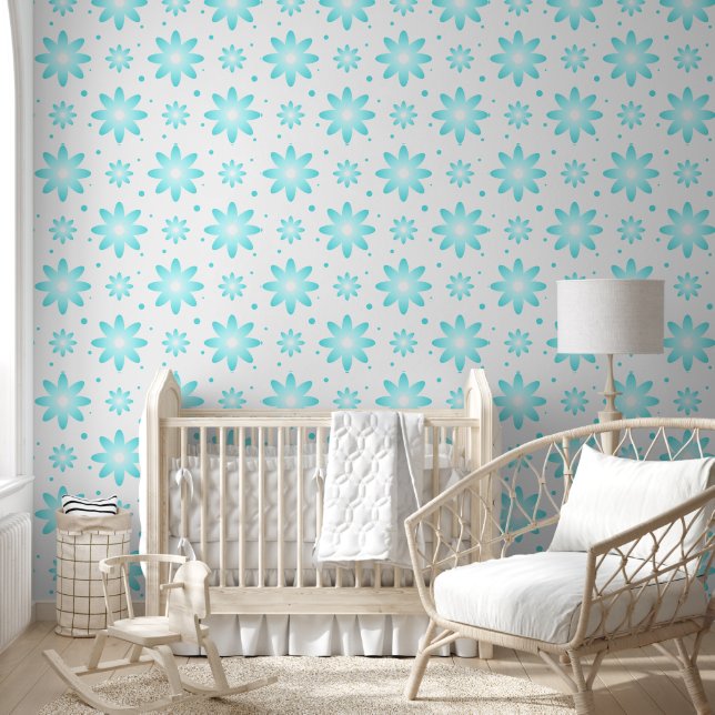 Witte en turquoise delicate daisy, stippen patroon behang (Kinderen)