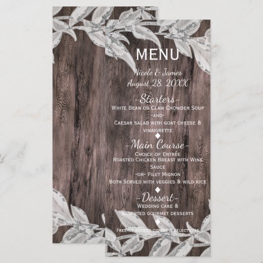 Witte en zilveren bladeren en bijtende wood, elega menu (Voorkant / Achterkant)