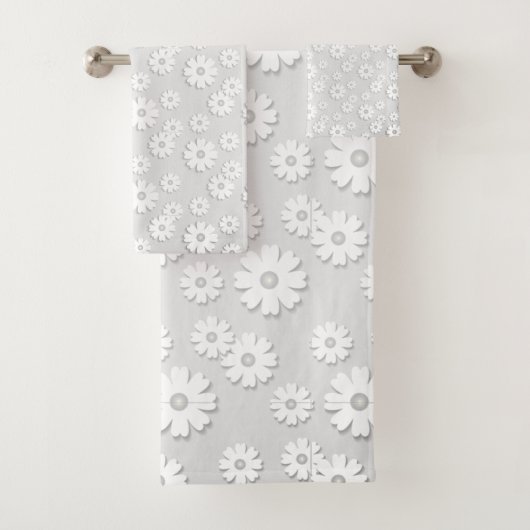 Witte en Zilvergrijze Floral Bad Handdoek (Insitu)