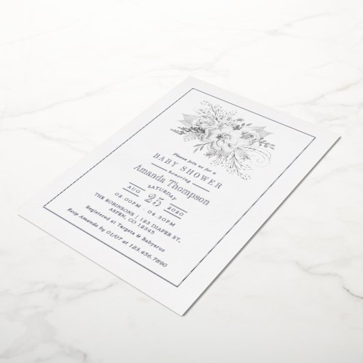 Witte en Zilverige Rozen Baby shower Folie Uitnodiging (Gedraaid)