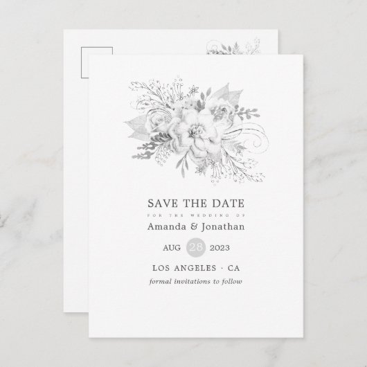 Witte en Zilverige  Rozen Weddenschap Opslaan Datu Aankondigingskaart (Voorkant / Achterkant)