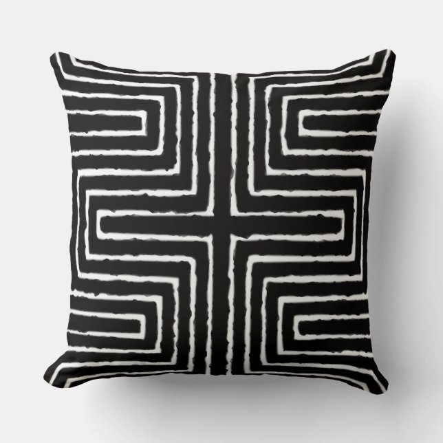 Witte en zwarte Afrikaanse Maze Mud Cloth Tribal Kussen (Voorkant)