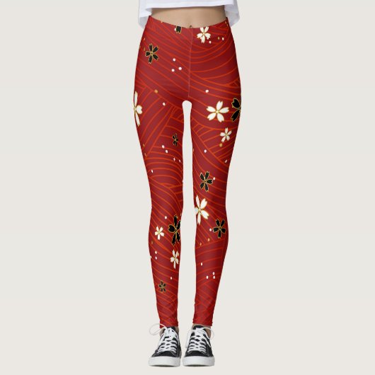 Witte en zwarte bloemen rode leggings (Voorkant)