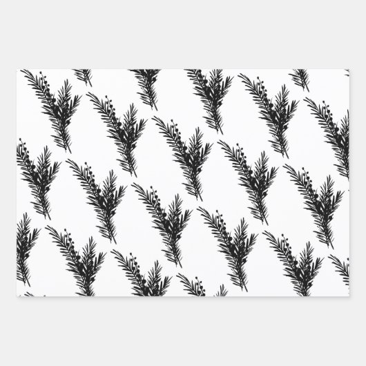 Witte en zwarte dennenspar takken inpakpapier vel (Voorkant 3)