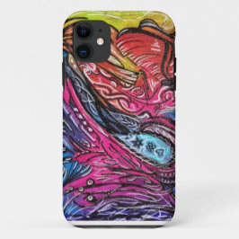 witte en zwarte details op een multikleurige achte iPhone 11 hoesje