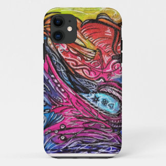 witte en zwarte details op een multikleurige achte iPhone 11 hoesje